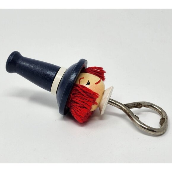 Vintage Wooden Head Bottle Opener With Red Yarn Hair & Metal Opener 5" - Picture 3 of 6